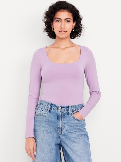 Fitted Double-Layer Scoop-Neck Top - Spring Wisteria