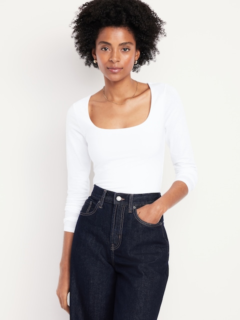 Fitted Double-Layer Scoop-Neck Top - White Lilies