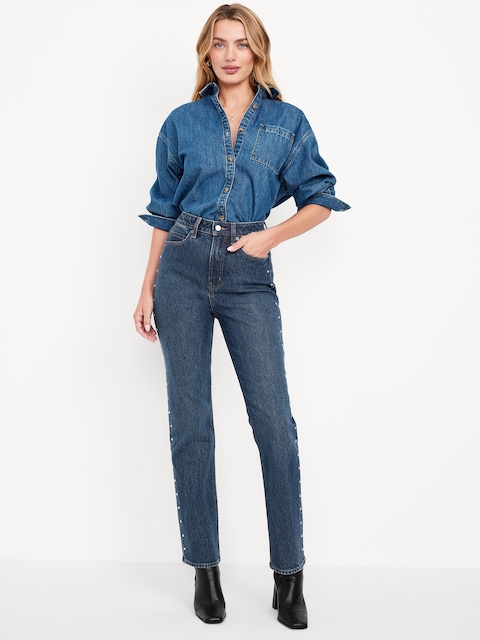 Jean droit à taille très haute - Bleu