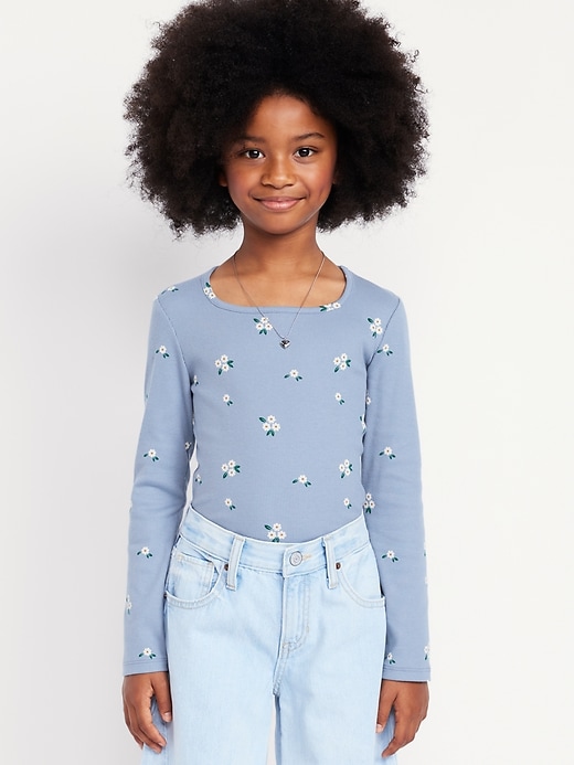 Image number 1 showing, Printed Fitted Long-Sleeve Ribbed Top for Girls