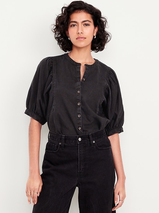 Image number 1 showing, Puff-Sleeve Button-Down Cropped Shirt