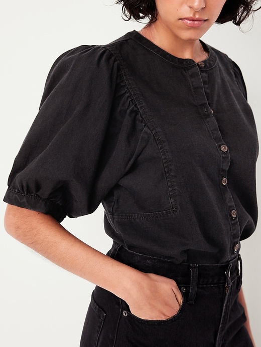 Image number 4 showing, Puff-Sleeve Button-Down Cropped Shirt