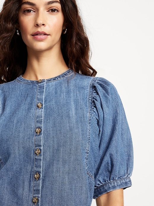 Image number 4 showing, Puff-Sleeve Button-Down Cropped Denim Shirt