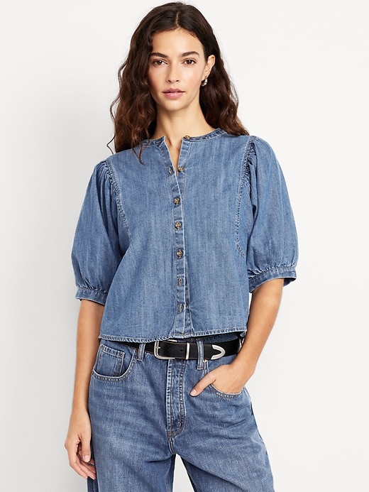 Image number 1 showing, Puff-Sleeve Button-Down Cropped Denim Shirt