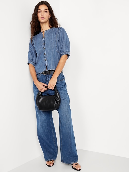 Image number 3 showing, Puff-Sleeve Button-Down Cropped Denim Shirt