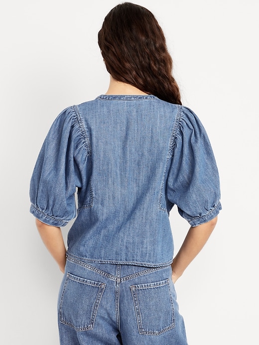 Image number 2 showing, Puff-Sleeve Button-Down Cropped Denim Shirt