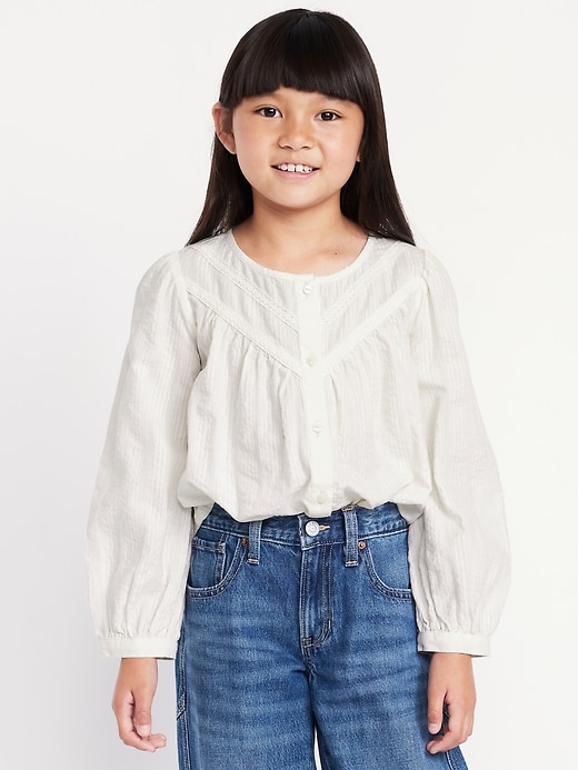 Image number 1 showing, Long-Sleeve Lace Trim Button-Front Top for Girls