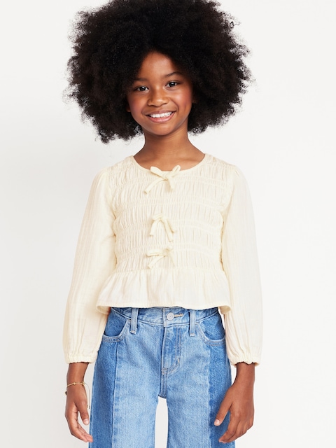 Long-Sleeve Smocked Double-Weave Top for Girls