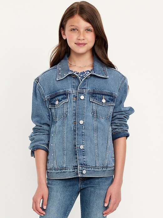 Image number 1 showing, Oversized Studded Jean Trucker Jacket for Girls