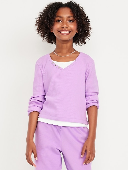 Image number 1 showing, Long-Sleeve 2-In-1 Fitted Henley Top for Girls