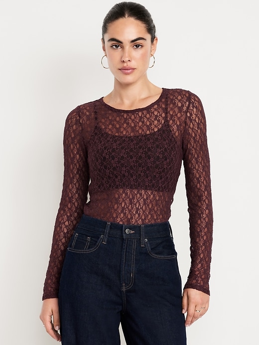 Image number 1 showing, Long-Sleeve Lace Crew-Neck Top
