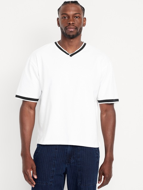 Heavyweight Cropped V-Neck T-Shirt - White/Navy