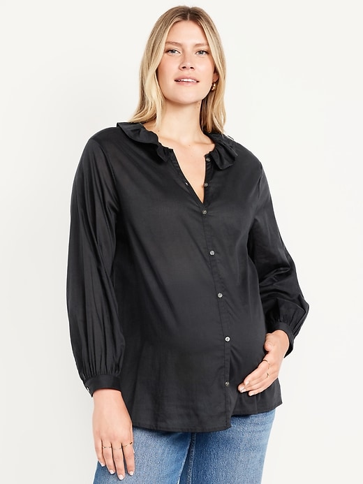 Image number 1 showing, Maternity Long Sleeve Button-Down Ruffle Shirt