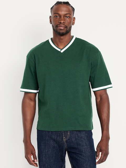 Heavyweight Cropped V-Neck T-Shirt - Green/White