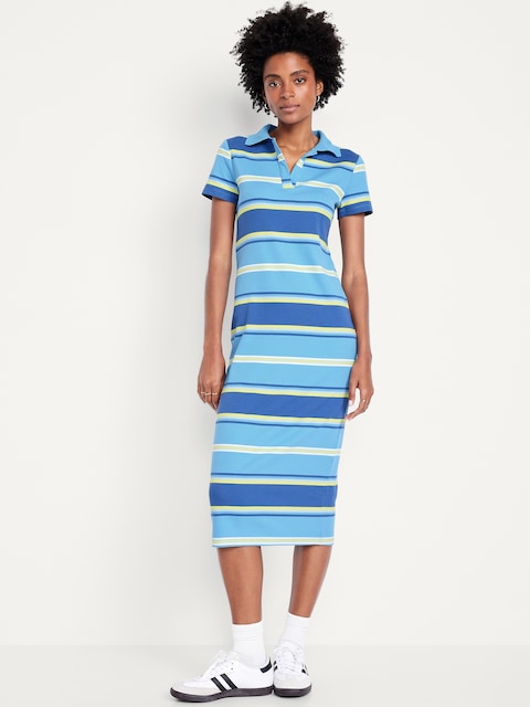 Short-Sleeve Polo Maxi Dress - Blue Stripe