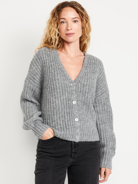 Cardigan en mélange de laine à mailles perlées - Gris Chiné Moyen