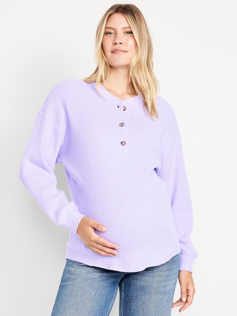 Maternity Oversized Cozy Waffle Henley Top
