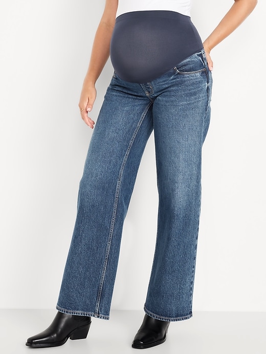 Image number 3 showing, Maternity Extra High-Waisted Full-Panel Wide-Leg Jeans