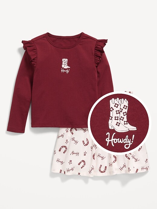 View large product image 1 of 2. Long-Sleeve Ruffle T-Shirt and Skirt Set for Toddler Girls