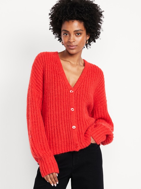Cardigan en mélange de laine à mailles perlées - Rouge Orangé