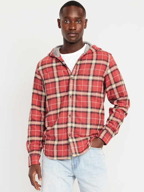 Hooded Plaid Flannel Shirt - Mineral Rouge