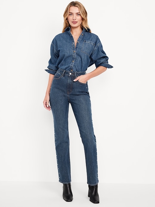 Image number 1 showing, Extra High-Waisted Studded Straight Jeans
