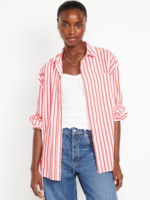 Oversized Button-Down Boyfriend Shirt - Red Stripe
