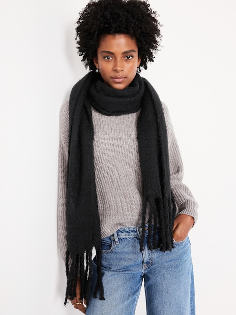 Foulard à franges en tissu brossé. - Noir De Jais