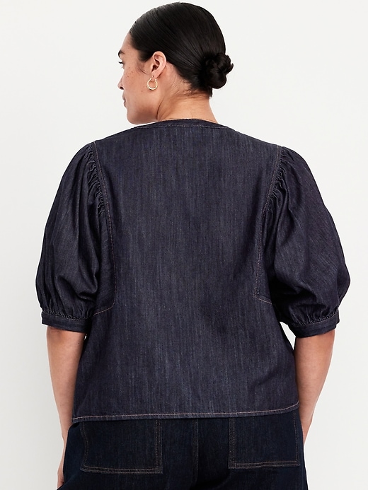 Image number 8 showing, Puff-Sleeve Button-Down Cropped Denim Shirt