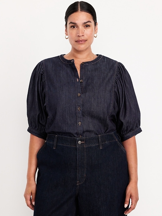 Image number 7 showing, Puff-Sleeve Button-Down Cropped Denim Shirt
