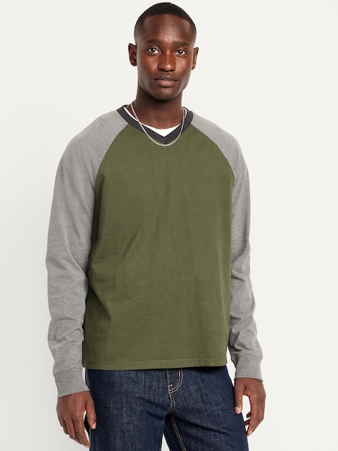Heavyweight V-Neck Raglan T-Shirt - Matcha Green/Heather Gray