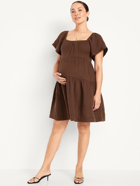 Maternity Square-Neck Crinkle Gauze Mini Dress - Earthen