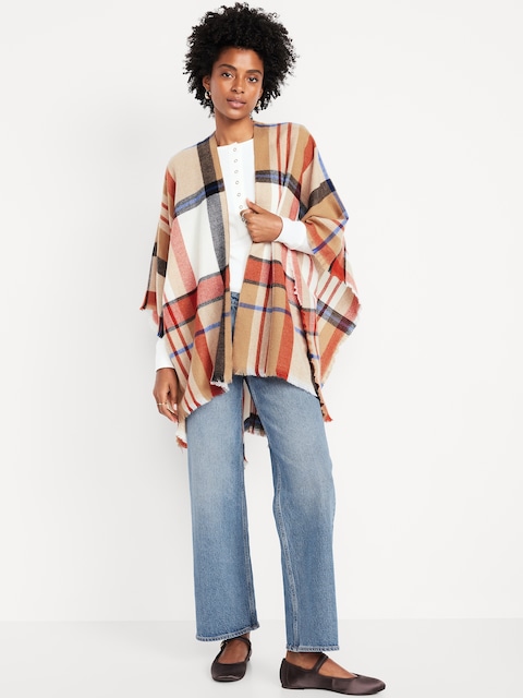 Poncho en flanelle à franges. - Combo Rouge