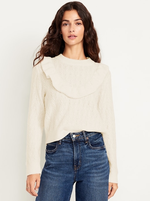 Image number 1 showing, Wool-Blend Cropped Ruffle Sweater