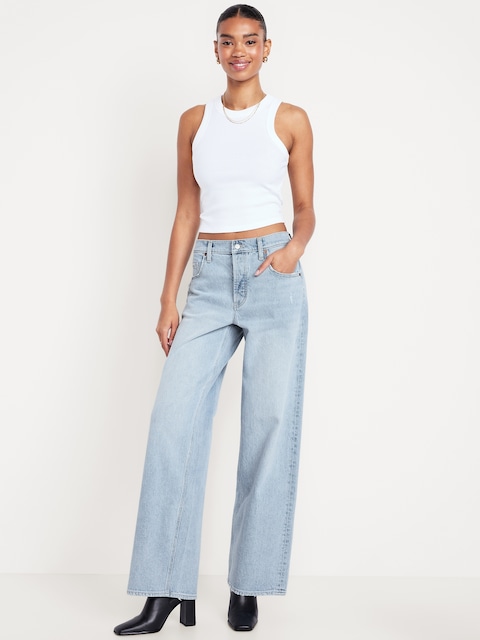 Jean coupe détendue à jambe large à taille basse moyenne - Fini Pâle