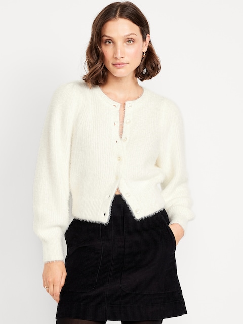 Cropped Eyelash Cardigan Sweater - Creme De La Creme
