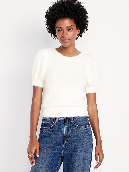 Image number 1 showing, Cropped Puff-Sleeve Eyelash Sweater