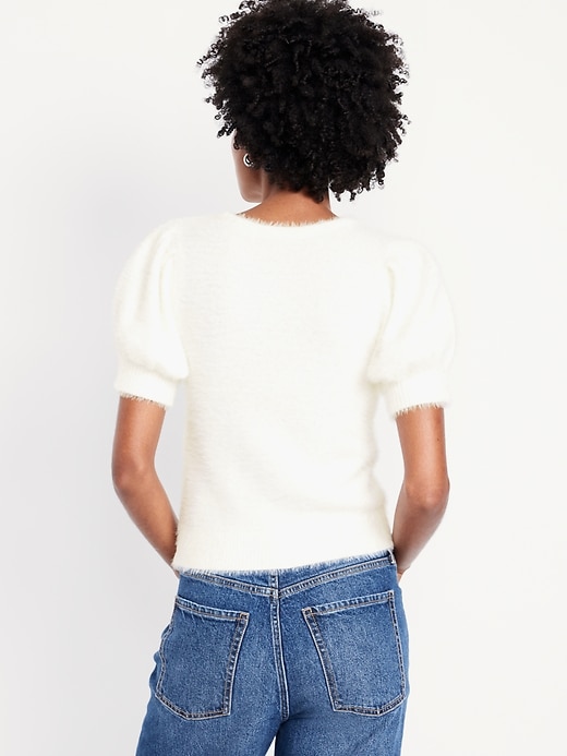 Image number 2 showing, Cropped Puff-Sleeve Eyelash Sweater