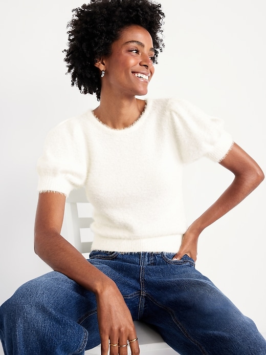 Image number 3 showing, Cropped Puff-Sleeve Eyelash Sweater