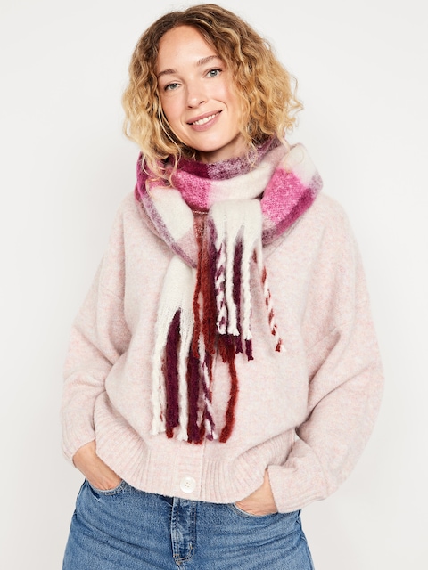 Foulard à franges en tissu brossé. - Damier Violet