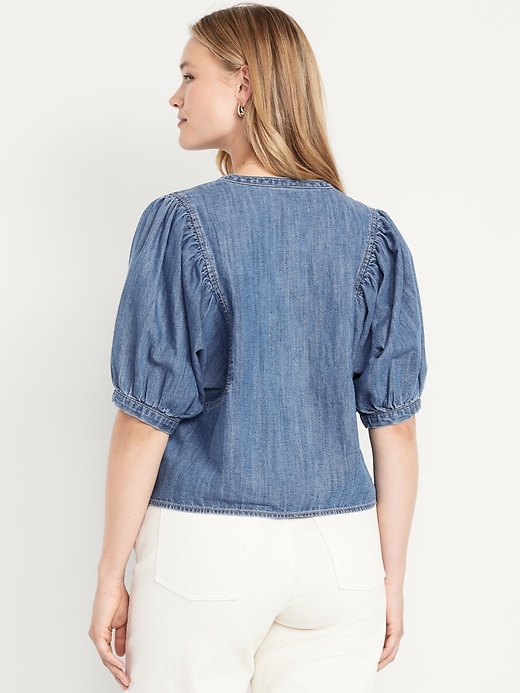 Image number 6 showing, Puff-Sleeve Button-Down Cropped Denim Shirt