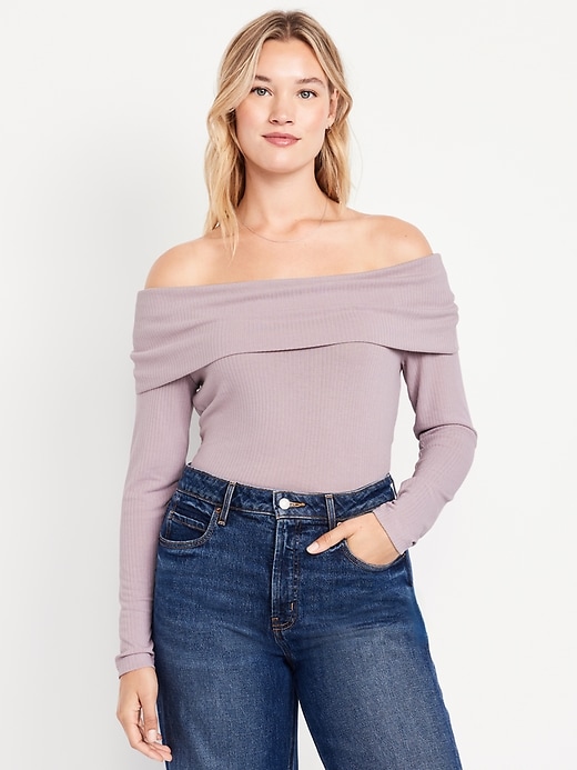 Image number 4 showing, Off-Shoulder Long-Sleeve Ribbed Top