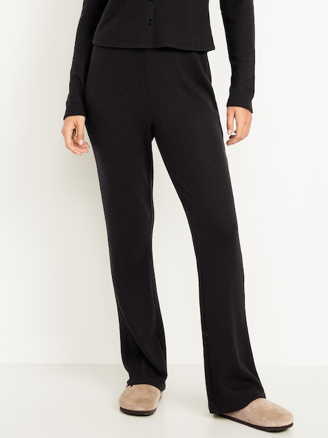 High-Waisted Cozy Waffle Flare Pants - Black Jack