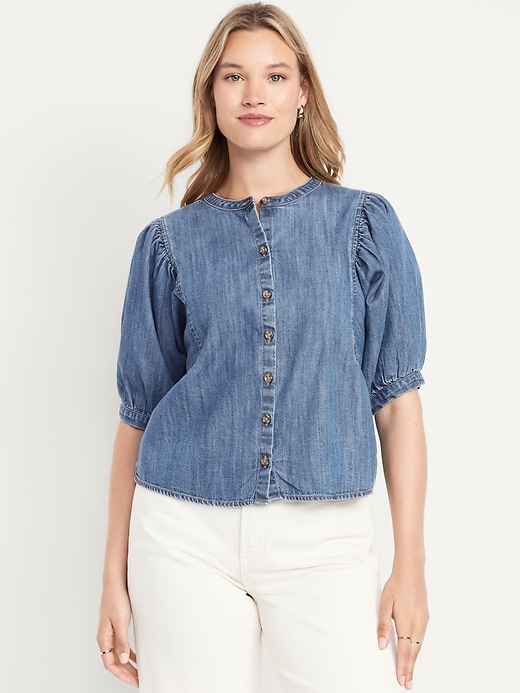 Image number 5 showing, Puff-Sleeve Button-Down Cropped Denim Shirt