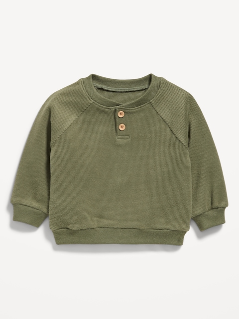 Henley à manches longues en tricot gaufré pour bébé - Vert Olive Pâle