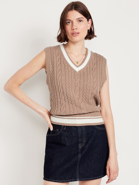 Wool-Blend Cable-Knit Vest - Camel/White