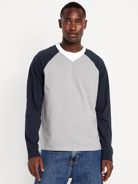 Heavyweight V-Neck Raglan T-Shirt - Heather Gray/Navy/White