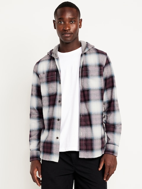 Hooded Plaid Flannel Shirt - Black Jack