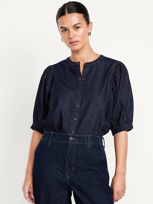 Image number 5 showing, Puff-Sleeve Button-Down Cropped Denim Shirt