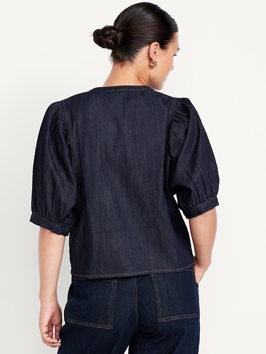 Image number 6 showing, Puff-Sleeve Button-Down Cropped Denim Shirt